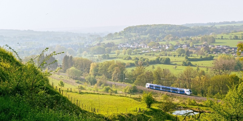 Een Arriva trein doorkruist de Zuid-Limburgse groene heuvels in de zomer
