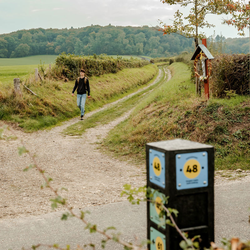 Een man komt uit een holle weg, wandelt langs een wegkruis en kijkt naar een knooppuntenpaaltje